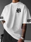 Baskılı Oversize Bisiklet Yaka T-shirt - Beyaz resmi